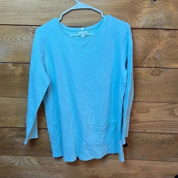 PUREJILL‎ Womens Top Shirt blouse tunic PM LONG SLEEVE 1 POCKET AQUA 1/4 button - Picture 1 of 6
